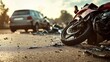 © Masque - A severe road accident scene displaying a demolished motorcycle and car amidst a crash site filled with debris.