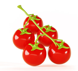 Tomato cherry on branch 3d render icon. Red ripe tomatoes with green stalk isolated on white background. Realistic bunch of pomodoro, raw organic vegetable, natural farm product. 3D illustration