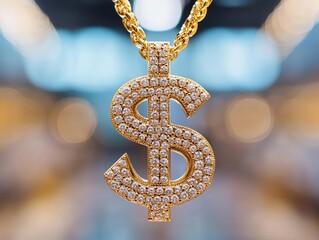 Close-up of a sparkling gold dollar sign pendant, adorned with diamonds, showcasing luxury and wealth in elegant design.