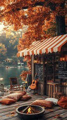 Wall Mural - cozy lakeside cabin with a fire pit, surrounded by autumn foliage and a guitar.