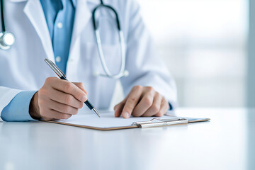 Poster - A doctor is seen writing notes during patient consultation, showcasing professionalism and care in clinical setting. focus is on hands and clipboard, emphasizing importance of communication in healthc