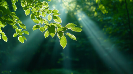 Poster - sunlight filters through lush green leaves, creating serene atmosphere in forest. interplay of light and shadow evokes sense of tranquility and connection with nature