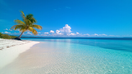 Poster - A serene beach scene featuring palm tree, clear turquoise waters, and bright blue sky. This idyllic setting invites relaxation and tranquility, perfect for summer getaway