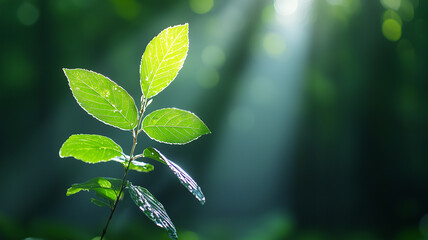 Poster - A vibrant green leaf stands out as sunlight filters through trees, creating serene and peaceful atmosphere in forest. interplay of light and shadow enhances beauty of nature