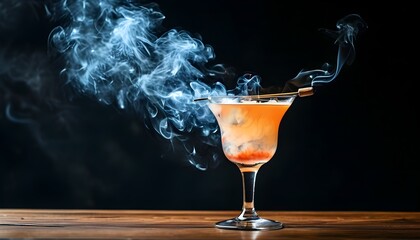 Enchanted cocktail glowing with fire and smoke on a rustic wooden bar against a dramatic black backdrop