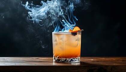 Wall Mural - Enchanted cocktail glowing with fire and smoke on a rustic wooden bar against a dramatic black backdrop