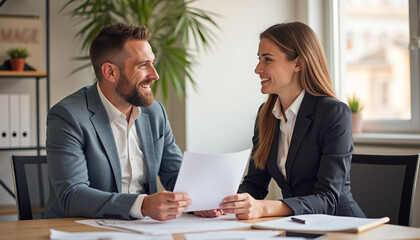 Wall Mural - Two business professionals working together discussing project plan, strategy, team of business professional’s colleague discussing, explaining project details, plan, strategy sitting at office desk.