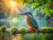 © Four888 - Vibrant kingfisher perched on a rustic wooden branch above a serene lake, its iridescent feathers glistening in the soft morning sunlight, surrounded by lush green foliage.
