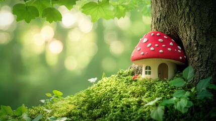 Wall Mural - A whimsical mushroom house nestled amongst the roots of a towering oak tree.