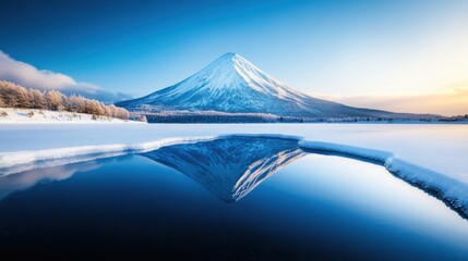 Wall Mural - A snow covered mountain peak with a clear blue sky and a frozen lake reflecting the majestic landscape.