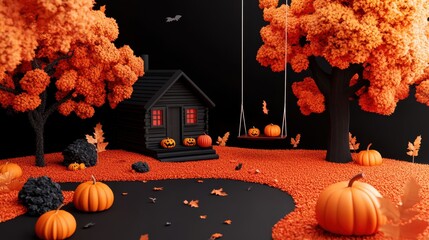 Wall Mural - A solitary cabin nestled amidst a colorful autumn forest with a pumpkin patch and a charming porch swing.