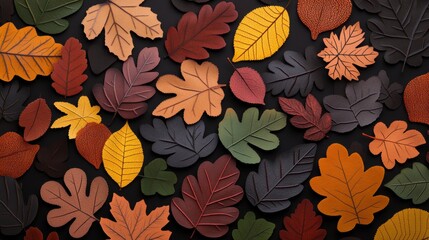 Wall Mural - A close up view of colorful autumn leaves with intricate patterns and textures against a backdrop of a fall forest.