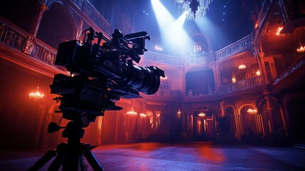 Aufkleber - A professional camera, mounted on a tripod, is positioned in a large, ornate ballroom. The room is dimly lit, with red and blue lighting casting shadows on the walls and balconies