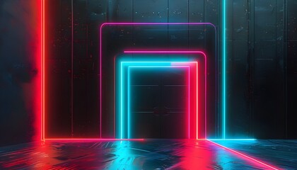 Wall Mural - Elegant otherworldly door glowing with neon light against a futuristic abstract background on a black wall