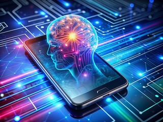 Fototapete - Futuristic 3D mockup of sleek mobile device showcasing artificial intelligence interface on screen, set against vibrant abstract technology background with circuit patterns.