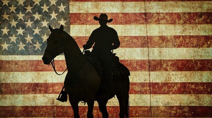 Poster - Silhouette of a cowboy on a horse against a rustic American flag backdrop, evoking a nostalgic, patriotic mood, USA, America