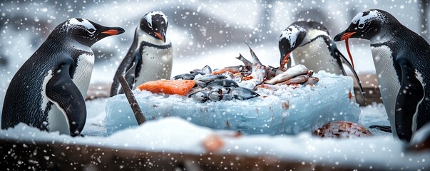 Wall Mural - A group of penguins gathered around a food source on a snowy landscape, showcasing their natural behavior in a cold environment.