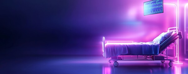 Poster - Digital healthcare, hologram interface above hospital bed, advanced diagnostics, neon lighting, sterile environment