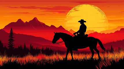 Poster - A silhouette of a cowboy on horseback against a vibrant sunset landscape. 