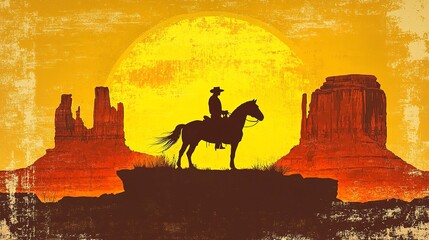 Wall Mural - A cowboy silhouette rides a horse against a large yellow sun in a desert sunset with large rock formations behind