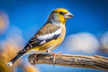 Vibrant yellow female evening grosbeak with black and white wings sits poised on a rugged grey tree limb against a soft blue sky background.