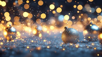 Glittering 3D Christmas Ornaments Floating Around Festive Lights and Snow Background