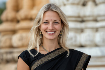 Caucasian woman wearing saree traditional cloth smile at Hindu temple