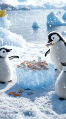 Wall Mural - Adorable penguin chicks enjoying a feast on an icy landscape with snowy backgrounds and glistening ice formations.