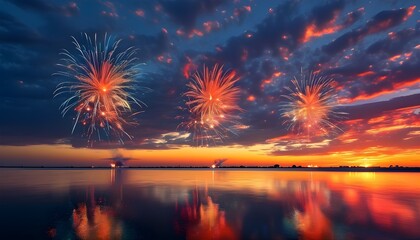 Wall Mural - Vibrant fireworks display reflecting on a serene ocean at sunset, evoking a sense of celebration, hope, and wonder against a dramatic sky