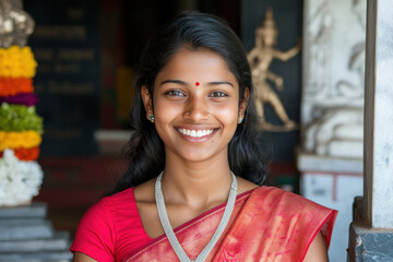 Wall Mural - Indian woman wearing saree traditional cloth smile at Hindu temple