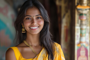 Japanese woman wearing saree traditional cloth smile at Hindu temple