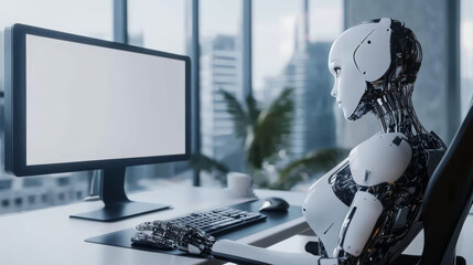 Poster - 3D robot woman with AI using a computer at a desk. A cyborg girl seated in a chair at a powerful desktop PC with an empty screen. AI robot working on the computer, positioned in a workplace setting.