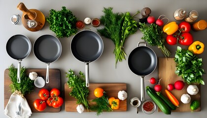 Wall Mural - Culinary Preparation Scene with Cooking Utensils, Fresh Herbs, Vibrant Vegetables, and Seasonings on a Kitchen Counter