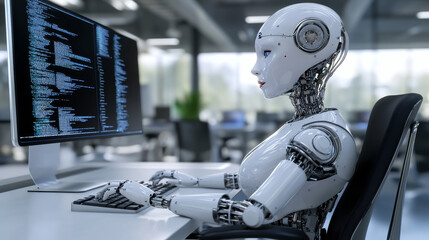 Poster - 3D robot woman with AI using a computer at a desk. A cyborg girl seated in a chair at a powerful desktop PC with an empty screen. AI robot working on the computer, positioned in a workplace setting.