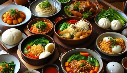 Wall Mural - Vibrant table filled with an array of Asian dishes, including steamed buns, noodles, and fresh vegetables, promising a delightful and flavorful dining experience.