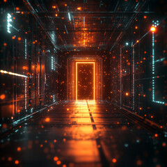 Poster - An abstract door in a tunnel illuminated by digital data center light signals. Represents future computer technology with a cyber gate leading into cyberspace or the metaverse. A fantasy cyber door.