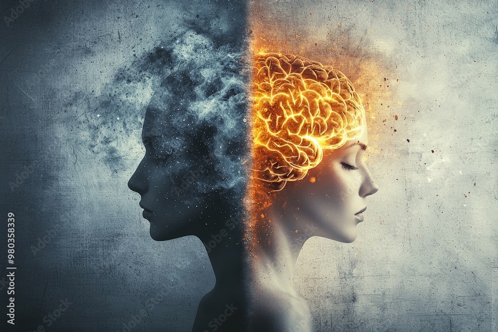 Split Thoughts A split image of a person'ss brain, one side filled with dark, chaotic ...