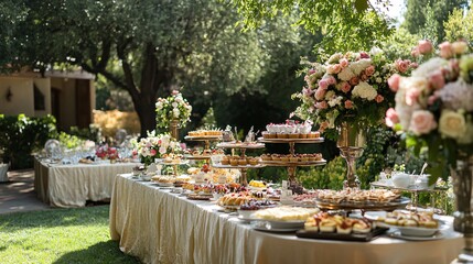 Wall Mural - Dessert buffet with various pastries on a white table cloth in a garden setting with pink and white flowers.