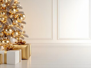 Elegant Christmas tree adorned with golden ornaments, surrounded by festive gift boxes in a bright, minimalistic setting.