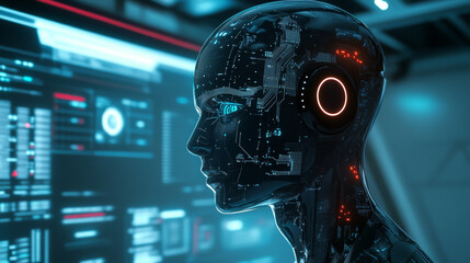 AI, or artificial intelligence, represented by a robotic head hovering above a podium, observing a virtual dashboard. The supercomputer takes the form of a futuristic cyborg head, showcasing machine .