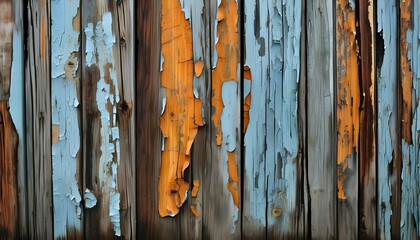 Wall Mural - Weathered wood backdrop revealing peeling paint, showcasing rustic charm and the beauty of imperfection over time