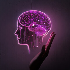 Poster - AI. Electronic brain. Neon Silhouette of human head with artificial intelligence hanging over palm hand. Cybernetic artificial neural network. Electronic mind. Neuronet, deep machine learning concept.