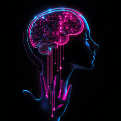 Poster - AI. Electronic brain. Neon Silhouette of human head with artificial intelligence hanging over palm hand. Cybernetic artificial neural network. Electronic mind. Neuronet, deep machine learning concept.
