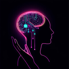 Poster - AI. Electronic brain. Neon Silhouette of human head with artificial intelligence hanging over palm hand. Cybernetic artificial neural network. Electronic mind. Neuronet, deep machine learning concept.