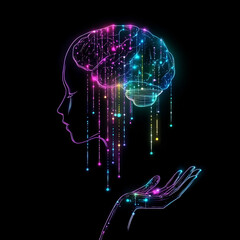 Poster - AI. Electronic brain. Neon Silhouette of human head with artificial intelligence hanging over palm hand. Cybernetic artificial neural network. Electronic mind. Neuronet, deep machine learning concept.
