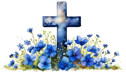 Watercolor cross embellished with blue flowers, embodying themes of faith, hope, love, remembrance, and spirituality