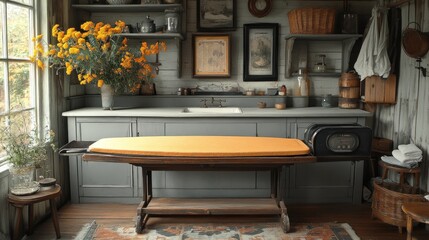 Cozy vintage laundry room with an ironing board and flowers.