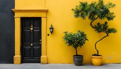 Wall Mural - Symbolic entrance of hope with a black door on vibrant yellow wall accented by a vibrant potted plant, representing new beginnings and opportunities