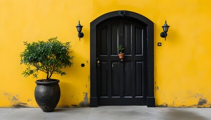 Wall Mural - Symbolic entrance of hope with a black door on vibrant yellow wall accented by a vibrant potted plant, representing new beginnings and opportunities