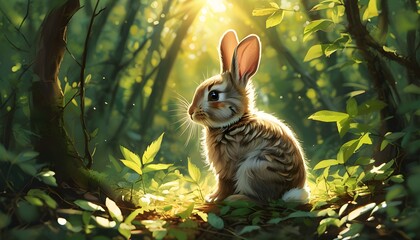 Bunny rabbit nestled in a sunlit forest, embraced by lush greenery, embodying serenity and the exquisite beauty of natures tranquility